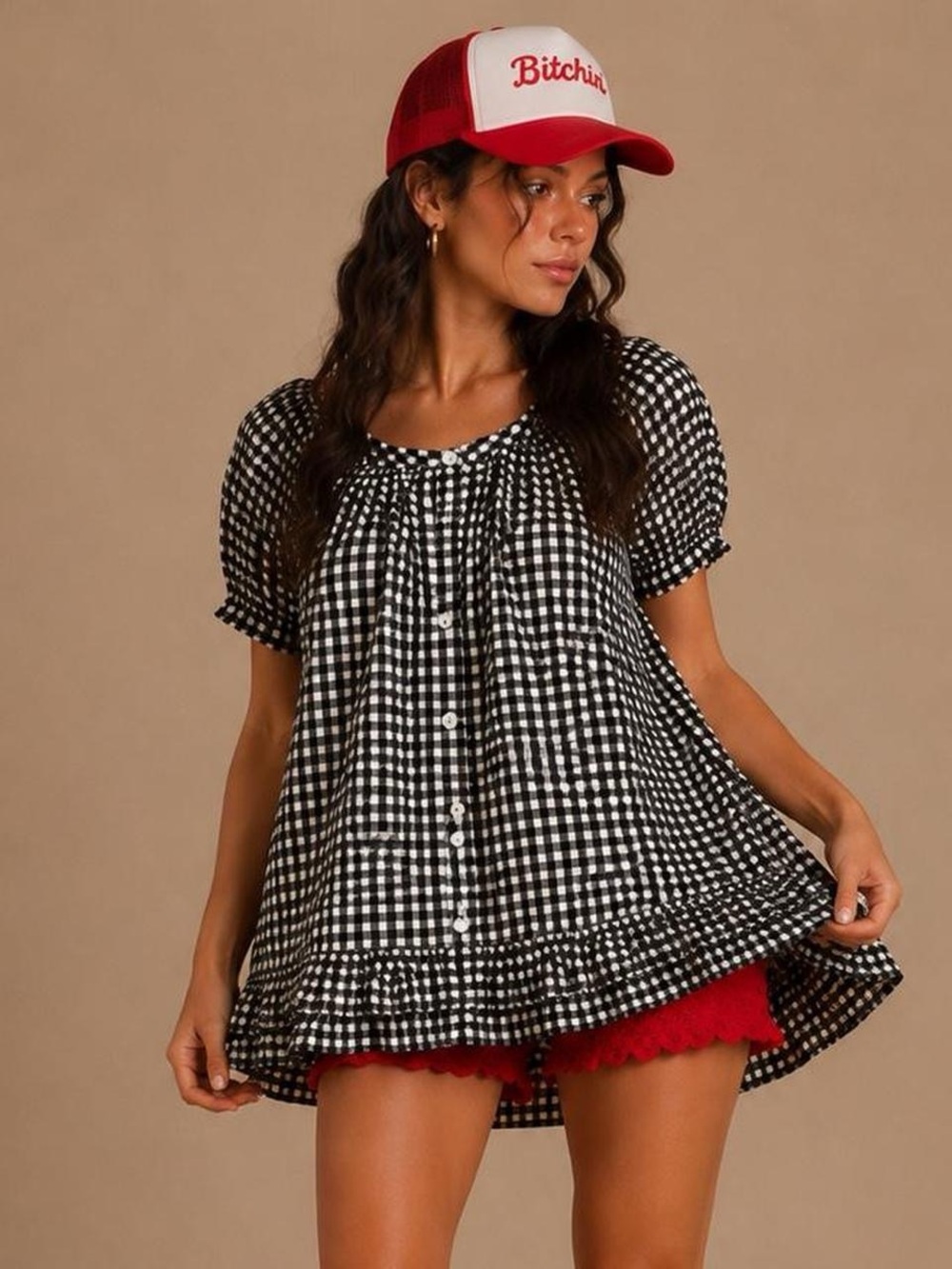 Black White Gingham Babydoll Dress Womens Medium Puff Sleeve Cottage size M